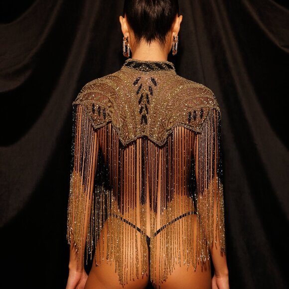 Black Gold Beaded Fringe Cape, Sequin Festival Bolero, Luxury Embellished Shawl - Picture 8 of 12